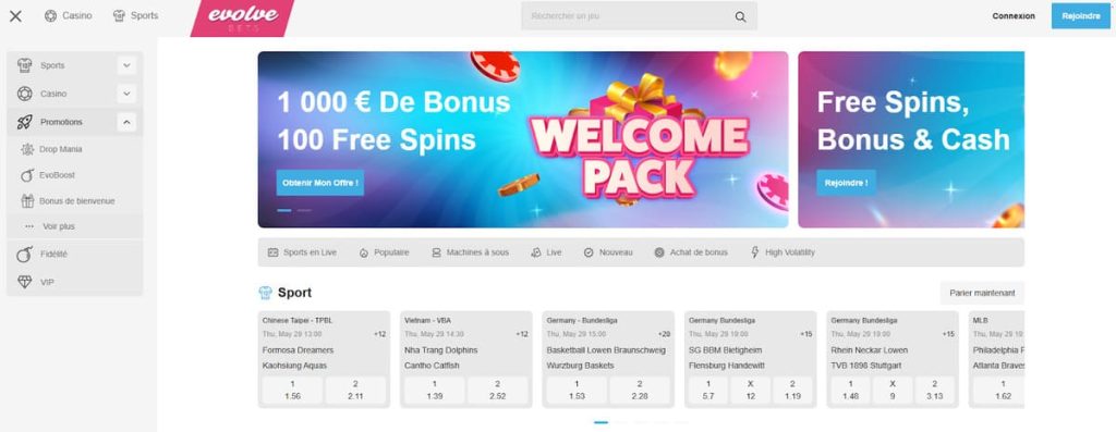 Evolve Casino page accueil