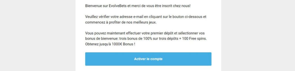 Evolve Casino mail confirmation